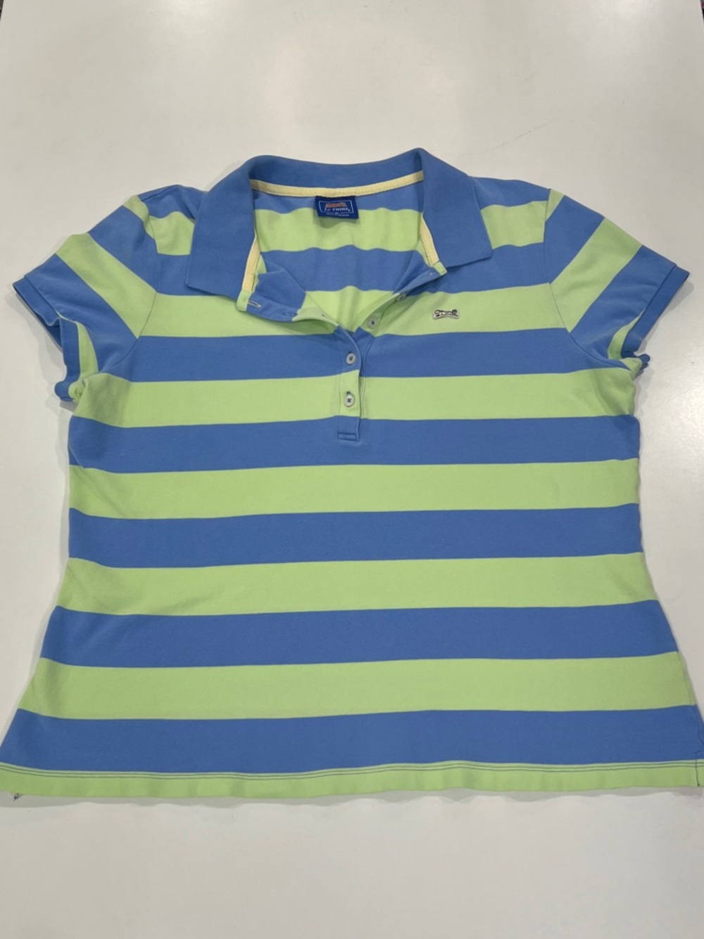 Y2K Le Tigre Women’s Blue and Lime Striped Polo Shirt, size XL